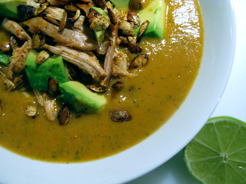 Mexican Acorn Squash Soup with Smoky Chicken and Spicy Seeds