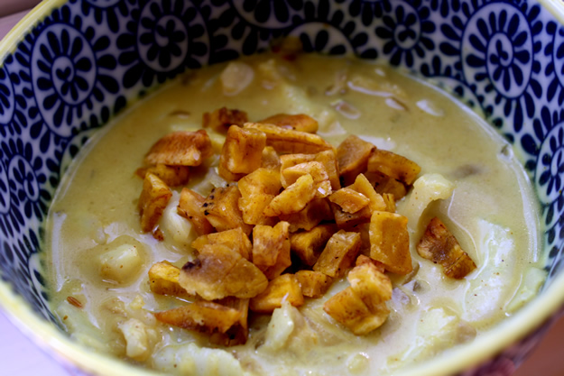Curry Fish Chowder with Crou-tains (Paleo Croutons)